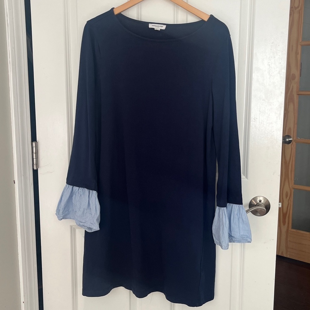 Beachlunchlounge Navy Blue Cotton shift dress w/ striped ruffle sleeve sz Large - Picture 1 of 9